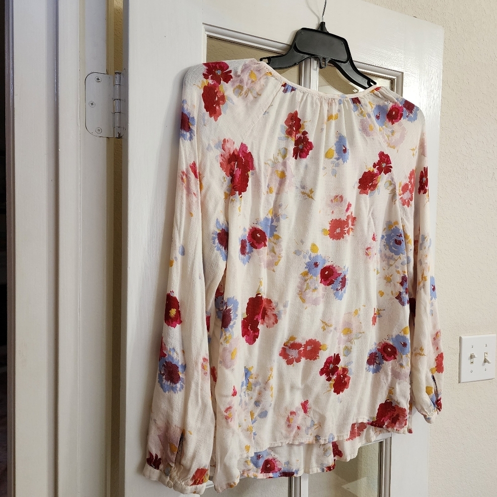 Lucky Brand Floral Blouse Medium Ivory Tie Front Long Sleeve Boho - Picture 4 of 14